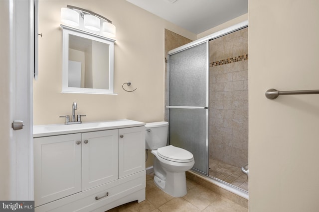 bathroom with tile patterned flooring, toilet, an enclosed shower, and vanity