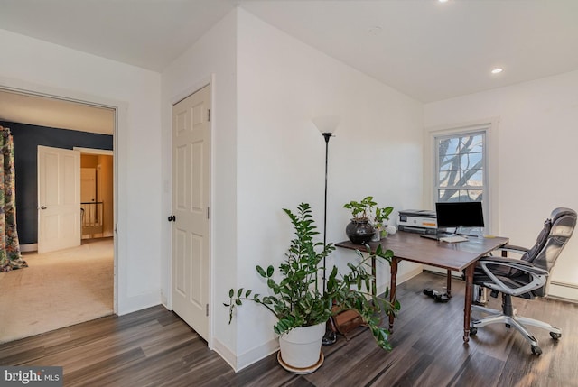 home office featuring dark wood-type flooring