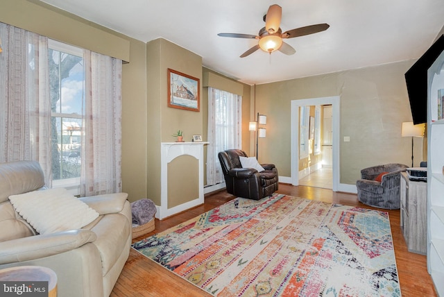 living room with ceiling fan and wood-type flooring