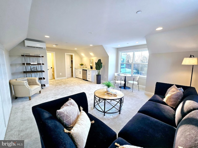 carpeted living room with lofted ceiling and a wall mounted air conditioner