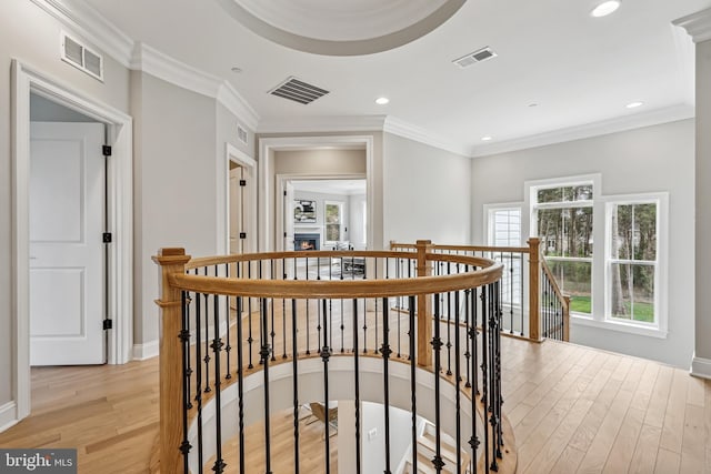 corridor with crown molding and light hardwood / wood-style floors