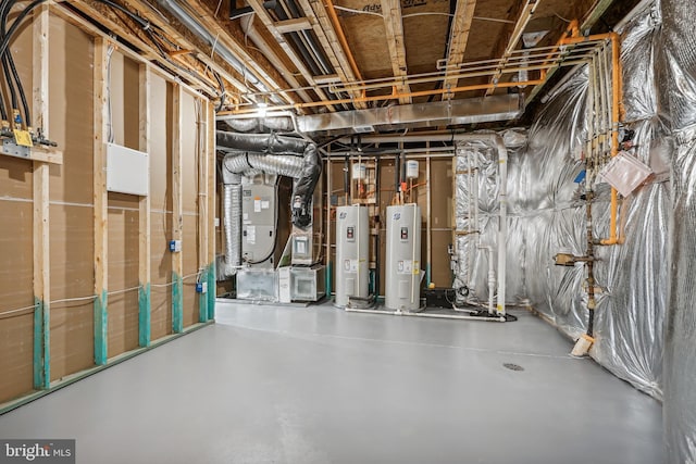 basement featuring electric water heater and heating unit