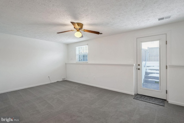 interior space featuring a textured ceiling, plenty of natural light, and carpet flooring