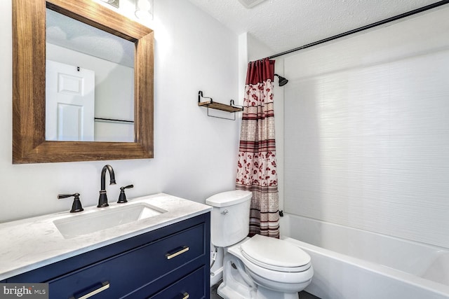 full bathroom with toilet, vanity, a textured ceiling, and shower / tub combo with curtain