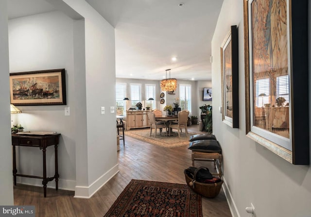 hallway featuring a chandelier and hardwood / wood-style floors