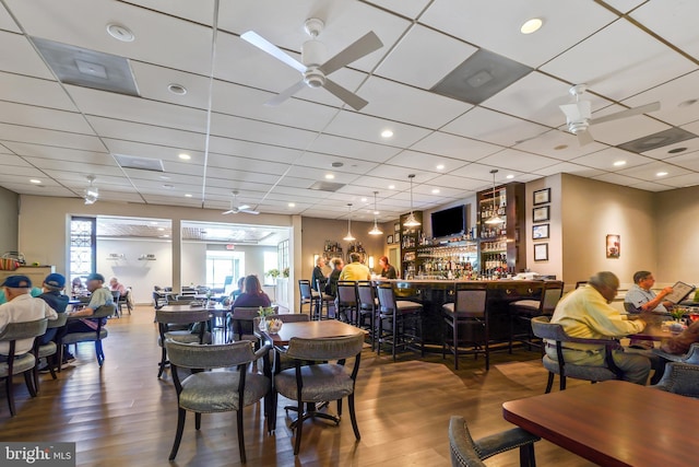 dining area featuring wood-type flooring, a paneled ceiling, bar area, and ceiling fan