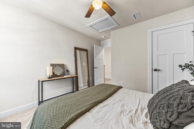 bedroom with ceiling fan and carpet floors