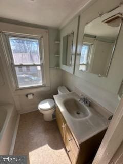 bathroom with toilet, vanity, and a bath