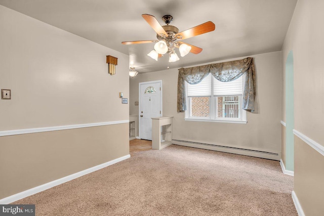 carpeted empty room with baseboard heating and ceiling fan