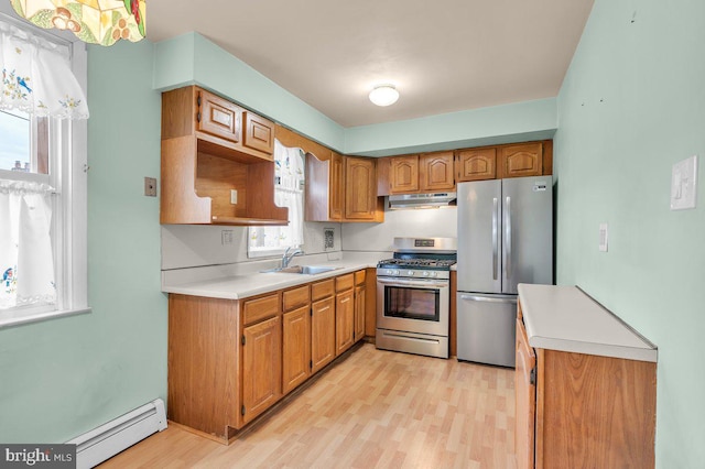 kitchen with baseboard heating, appliances with stainless steel finishes, light hardwood / wood-style floors, and sink