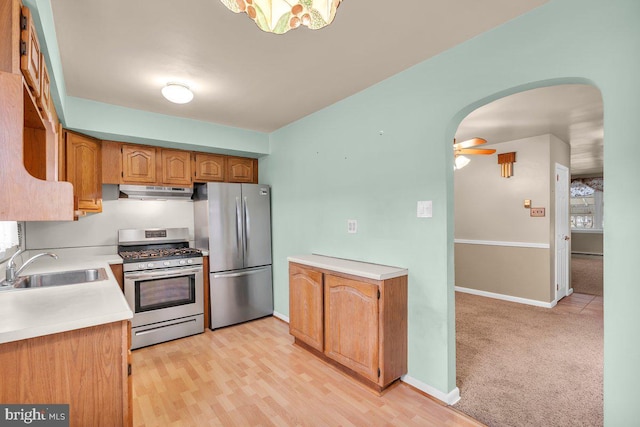 kitchen featuring sink, light carpet, ceiling fan, and appliances with stainless steel finishes