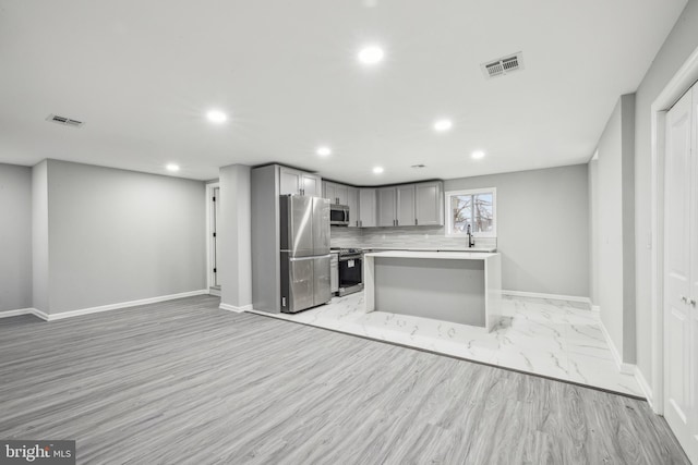 kitchen featuring sink, a center island, backsplash, gray cabinets, and appliances with stainless steel finishes