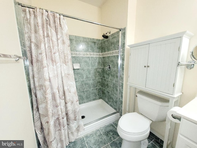 bathroom featuring toilet, walk in shower, and tile patterned flooring