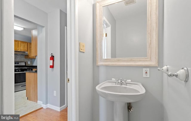 bathroom with decorative backsplash and hardwood / wood-style floors