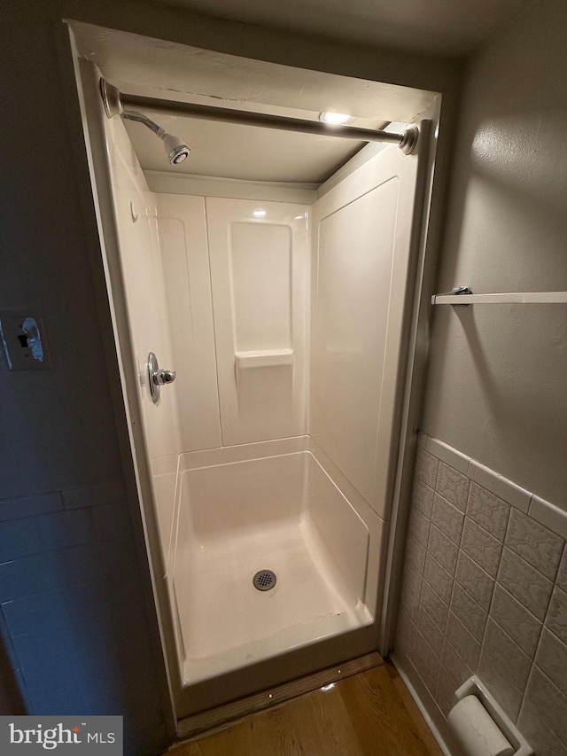 bathroom with a shower and wood-type flooring