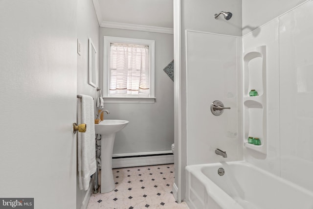 bathroom with toilet, tub / shower combination, crown molding, and baseboard heating