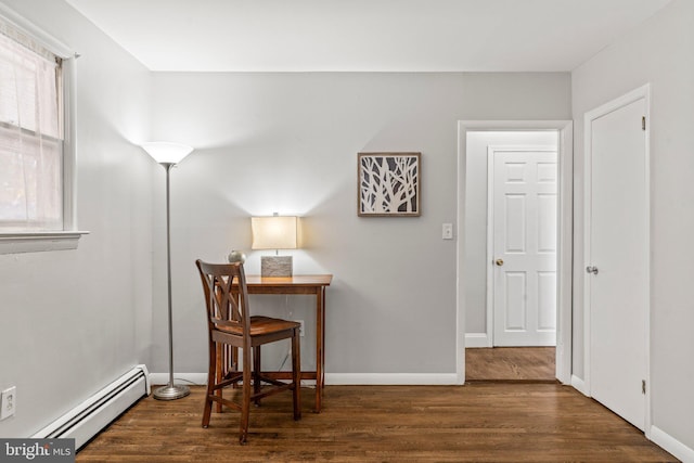 home office with dark hardwood / wood-style floors and baseboard heating