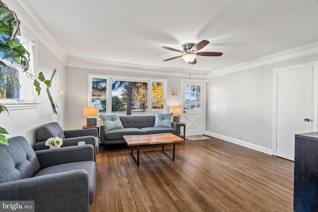 living room with ceiling fan, dark hardwood / wood-style flooring, ornamental molding, and a wealth of natural light