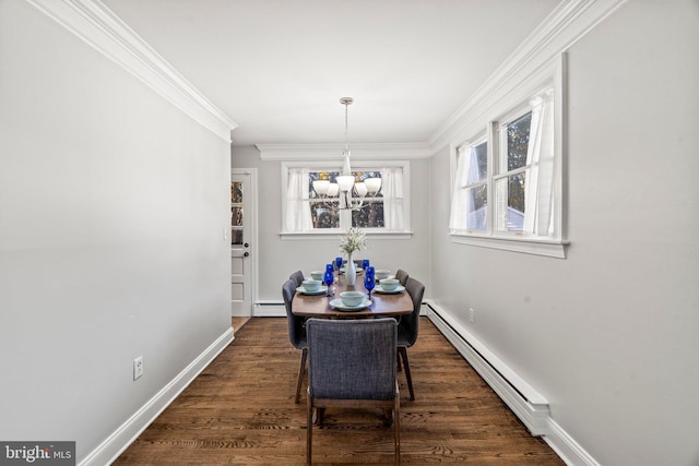 dining room with crown molding, a baseboard radiator, dark hardwood / wood-style floors, and a notable chandelier