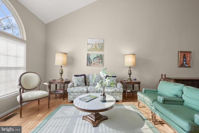 living room with lofted ceiling and light hardwood / wood-style floors