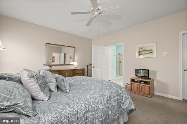 bedroom featuring ceiling fan, light colored carpet, and lofted ceiling