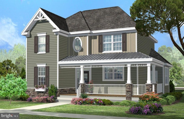 view of front of house featuring covered porch and a front lawn