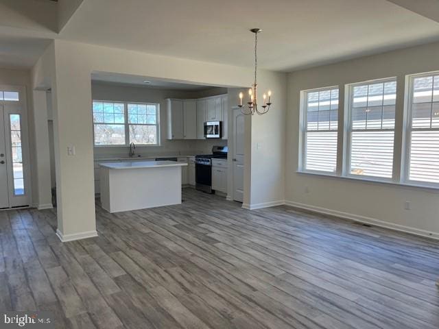 kitchen with stainless steel appliances, a notable chandelier, baseboards, and wood finished floors