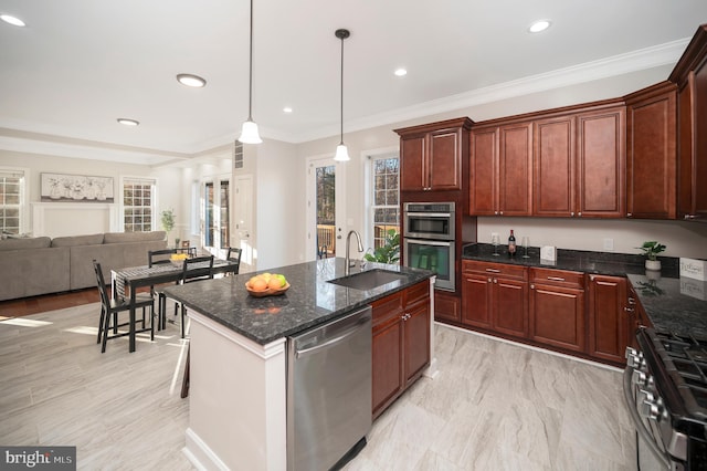 kitchen with appliances with stainless steel finishes, sink, pendant lighting, plenty of natural light, and an island with sink