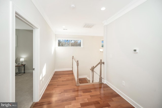 hall featuring hardwood / wood-style floors and crown molding