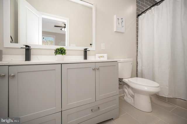 bathroom featuring tile patterned flooring, vanity, ceiling fan, and toilet