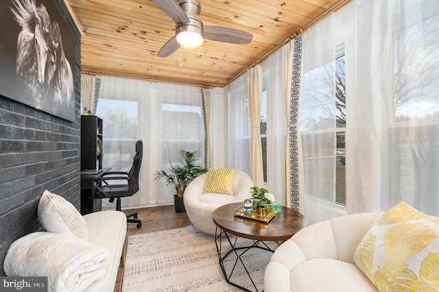 sitting room with ceiling fan and wooden ceiling