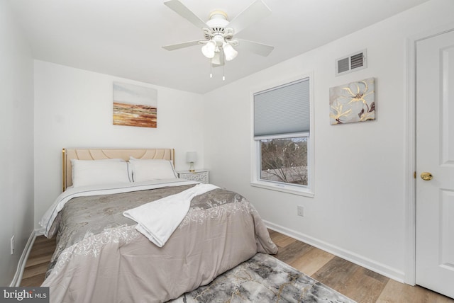 bedroom with hardwood / wood-style floors and ceiling fan