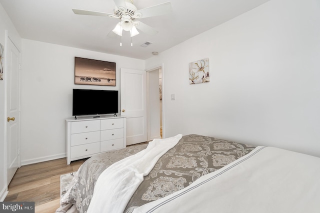 bedroom with light hardwood / wood-style floors and ceiling fan