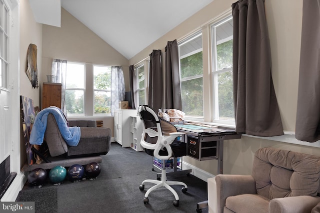 office space featuring vaulted ceiling and dark colored carpet