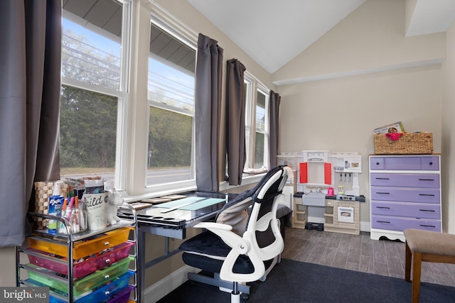 home office with vaulted ceiling