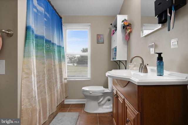 bathroom featuring toilet, tile patterned floors, and vanity