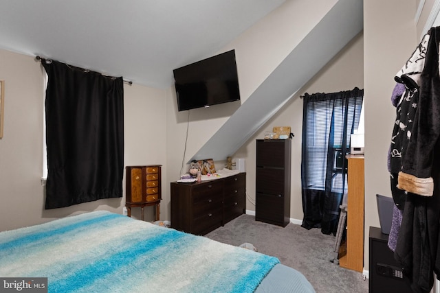 bedroom with light colored carpet