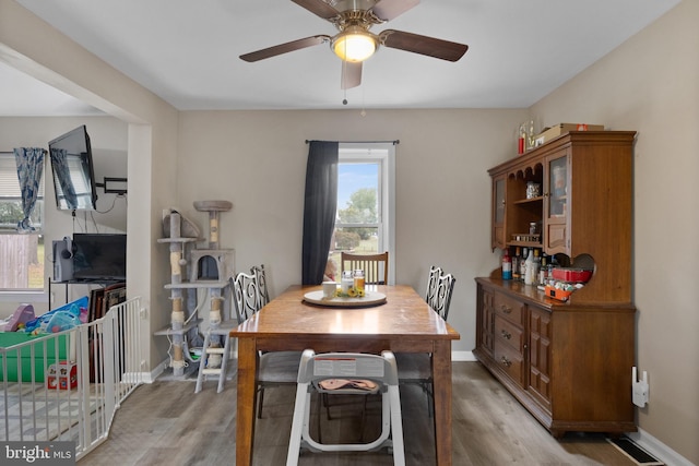 dining space with ceiling fan and hardwood / wood-style floors