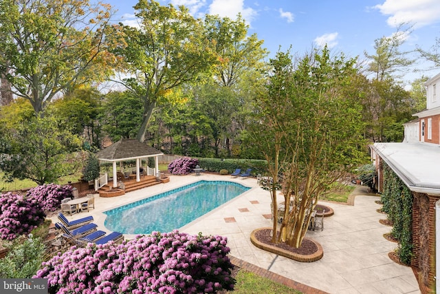 outdoor pool with a patio, a fire pit, and a gazebo