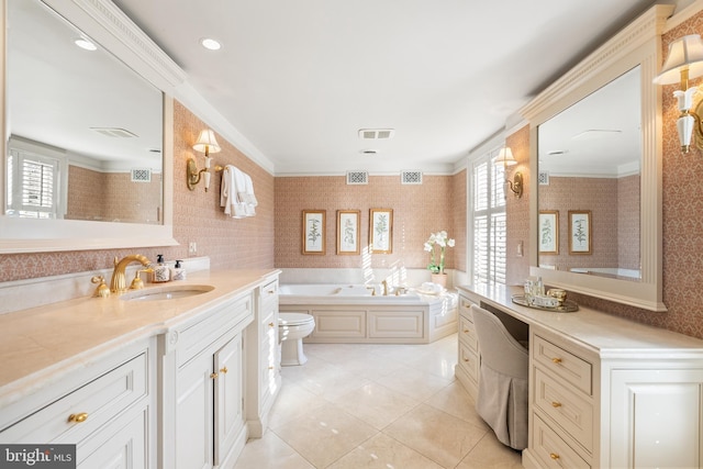 bathroom with a bath, visible vents, and wallpapered walls