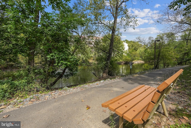 view of community with a water view