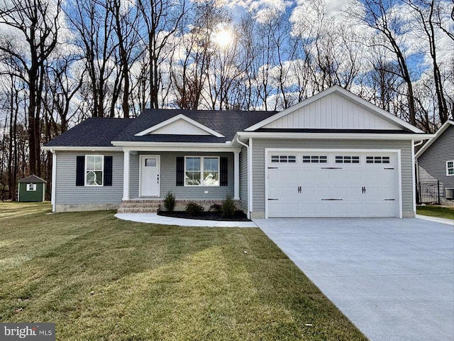 single story home featuring a garage and a front lawn