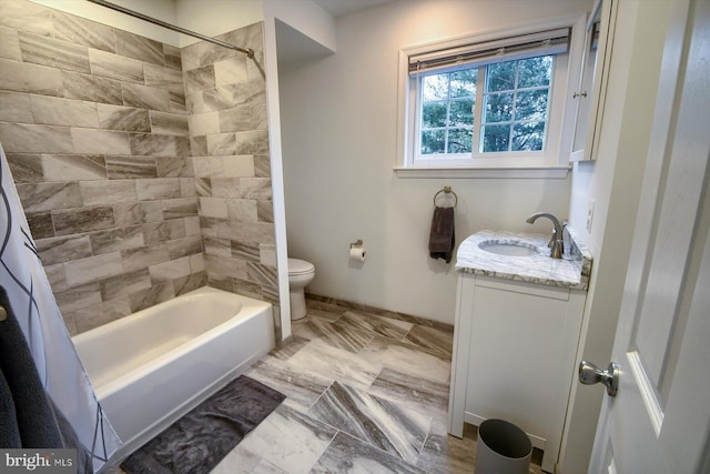 full bathroom featuring vanity, shower / bath combination with curtain, and toilet