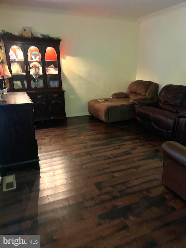 living room with dark hardwood / wood-style floors