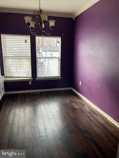 unfurnished dining area with plenty of natural light, dark hardwood / wood-style floors, ornamental molding, and a chandelier