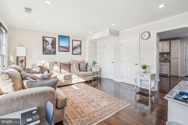 living room featuring crown molding and dark hardwood / wood-style floors