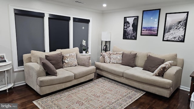 living room featuring dark hardwood / wood-style floors and crown molding