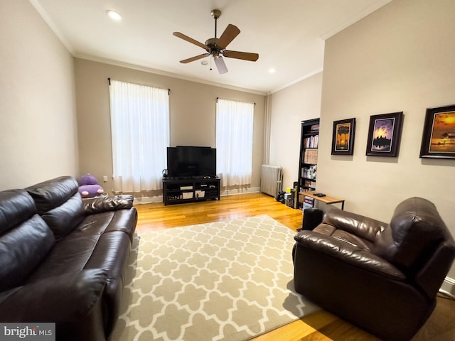 living room featuring light hardwood / wood-style flooring, radiator, ornamental molding, and ceiling fan