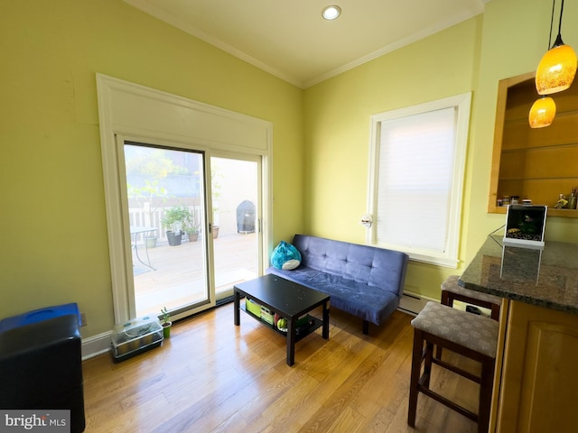 sitting room featuring baseboard heating, crown molding, and light hardwood / wood-style floors