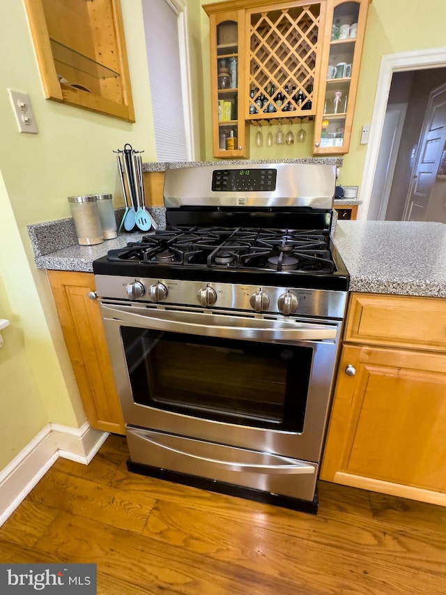 kitchen featuring stainless steel gas stove and hardwood / wood-style flooring